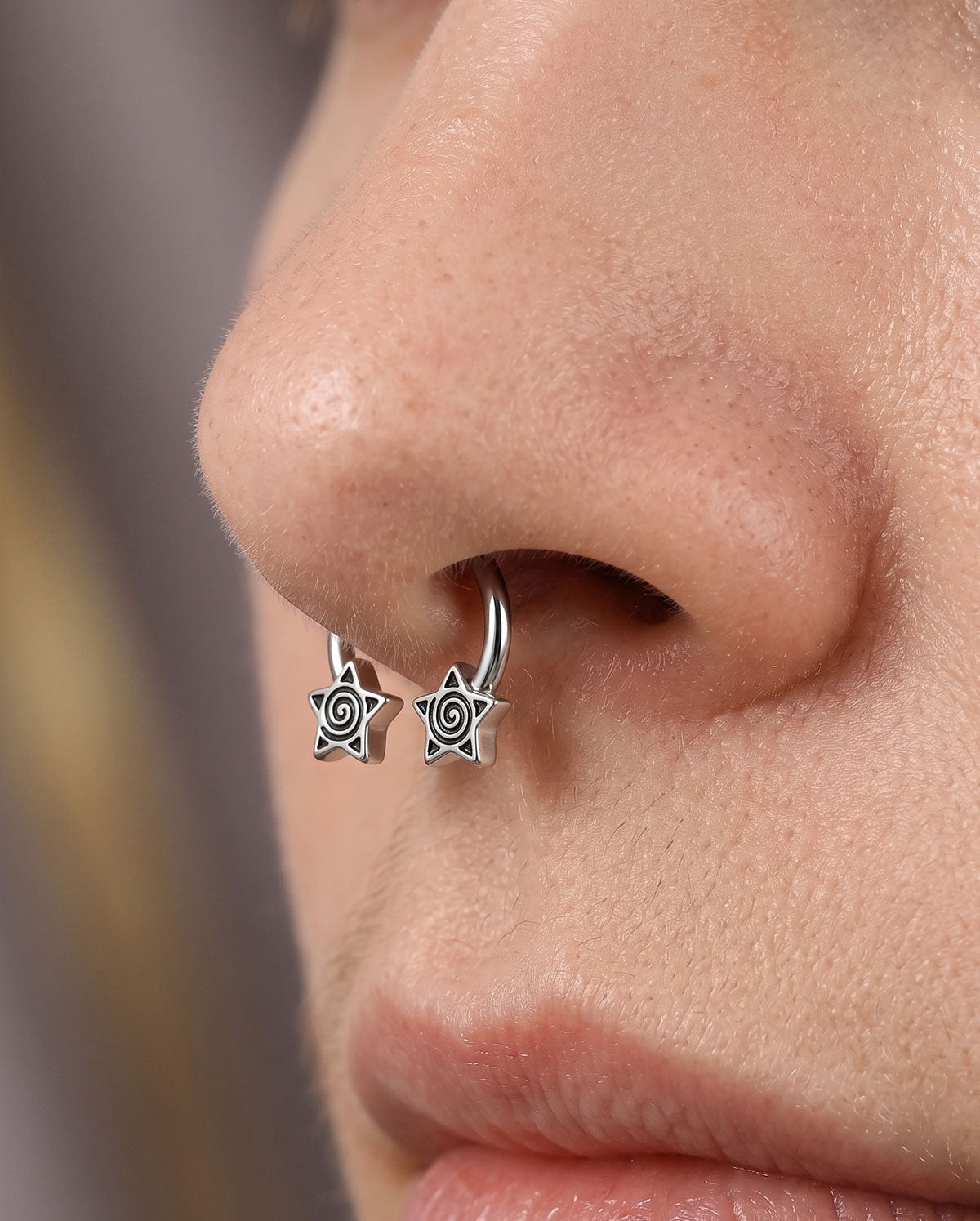 Oxidized Spiral Star Horseshoe Septum Ring