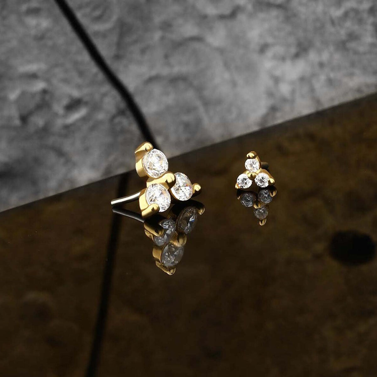 14K Gold Triple CZ Threadless Labret Stud