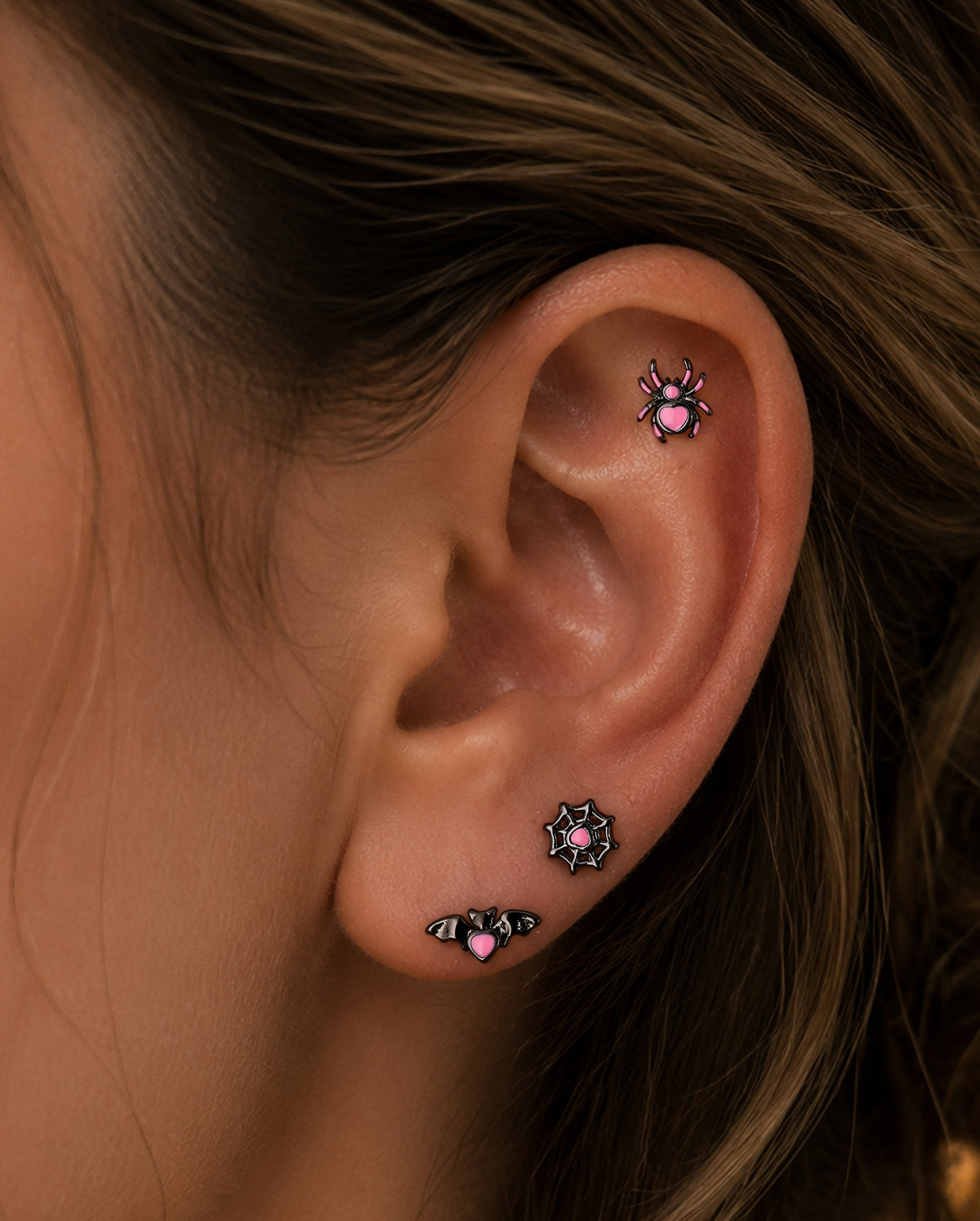 3PCS Pink Spider Bat Web Cartilage Stud Set