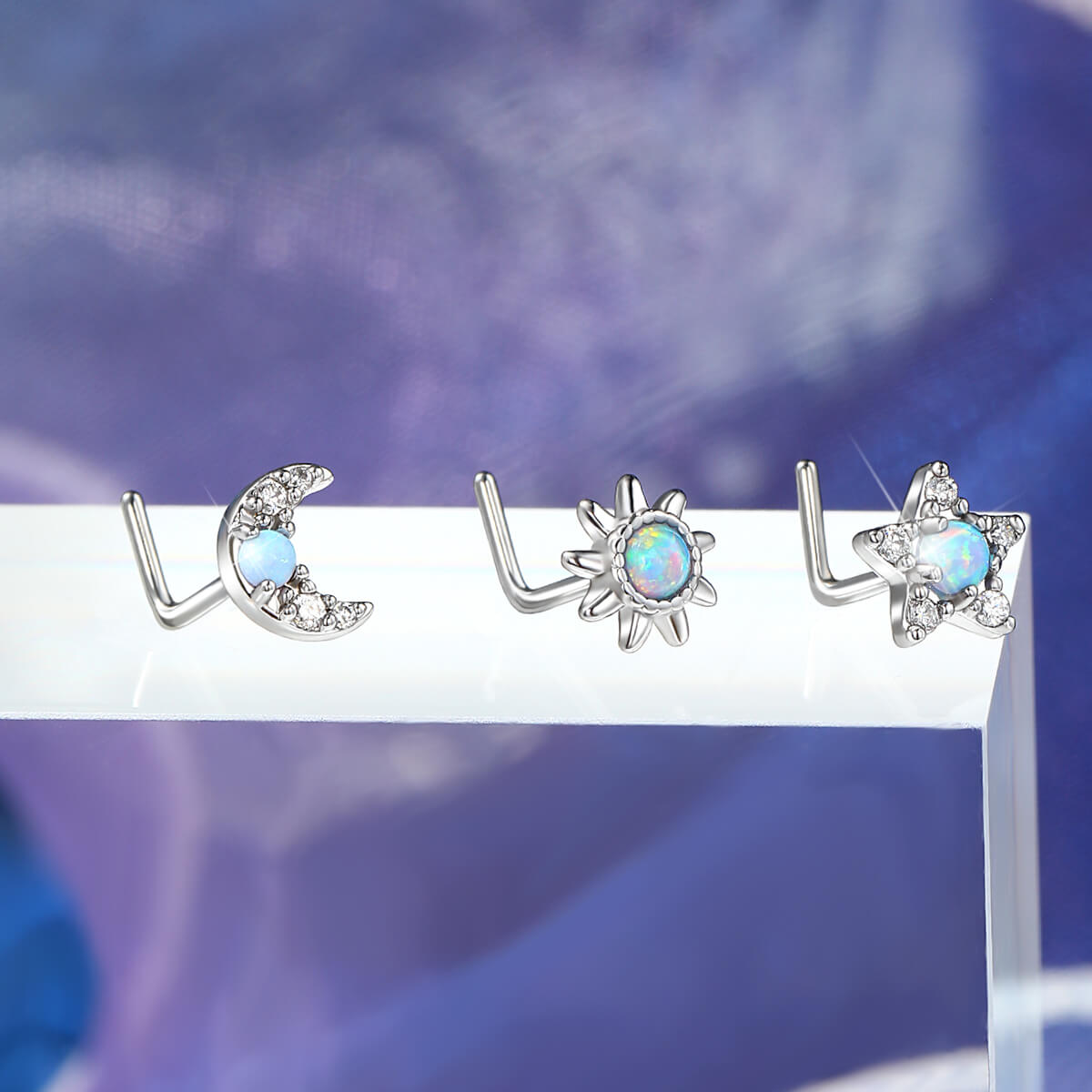 L shaped opal nose studs