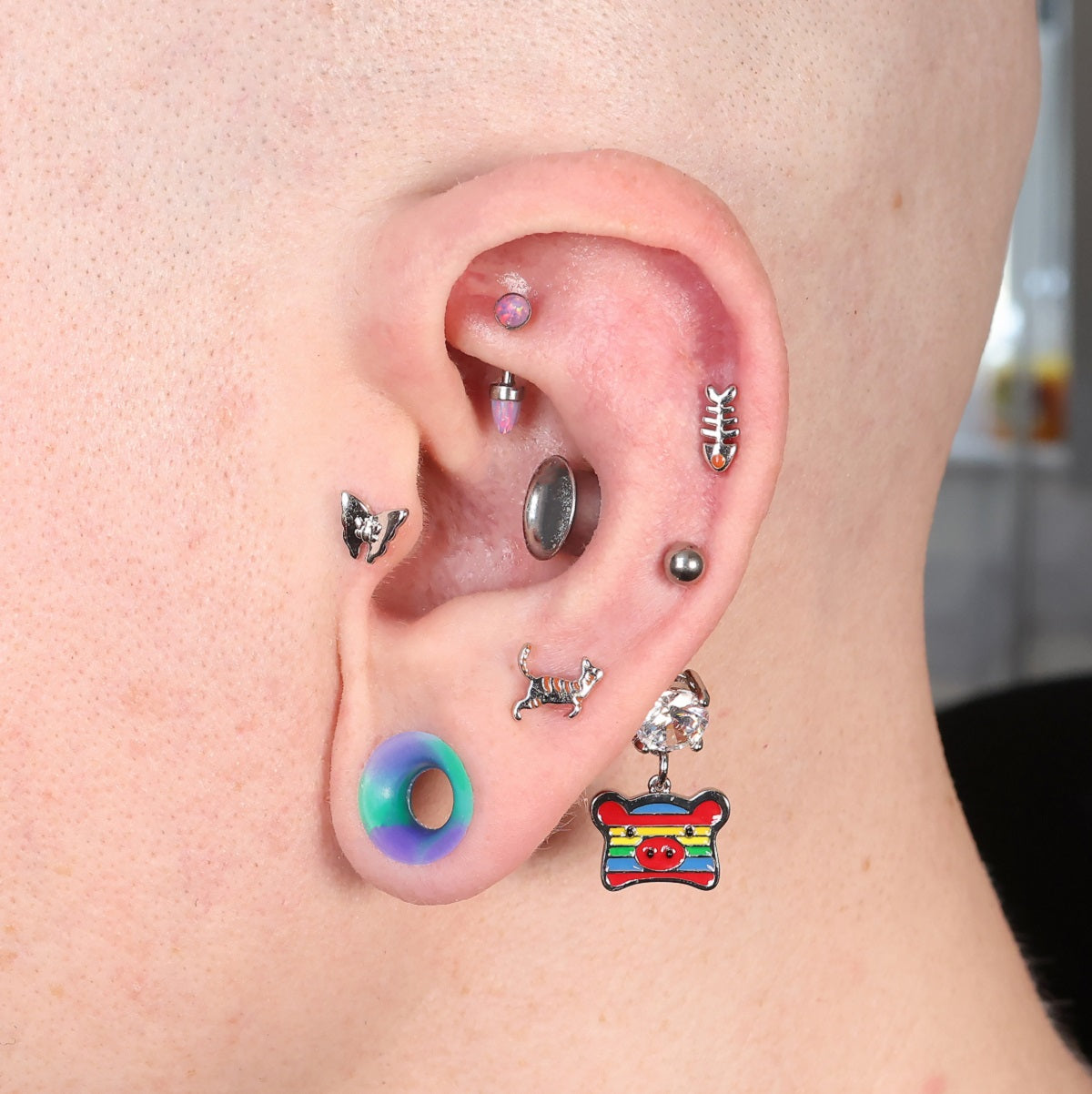Oufer X Roly Cat Fish Butterfly Internally Threaded Cartilage Studs Set