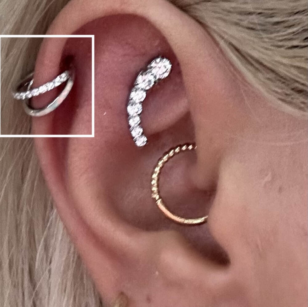 Double Hoop CZ & Synthetic Opal Titanium Helix Ring