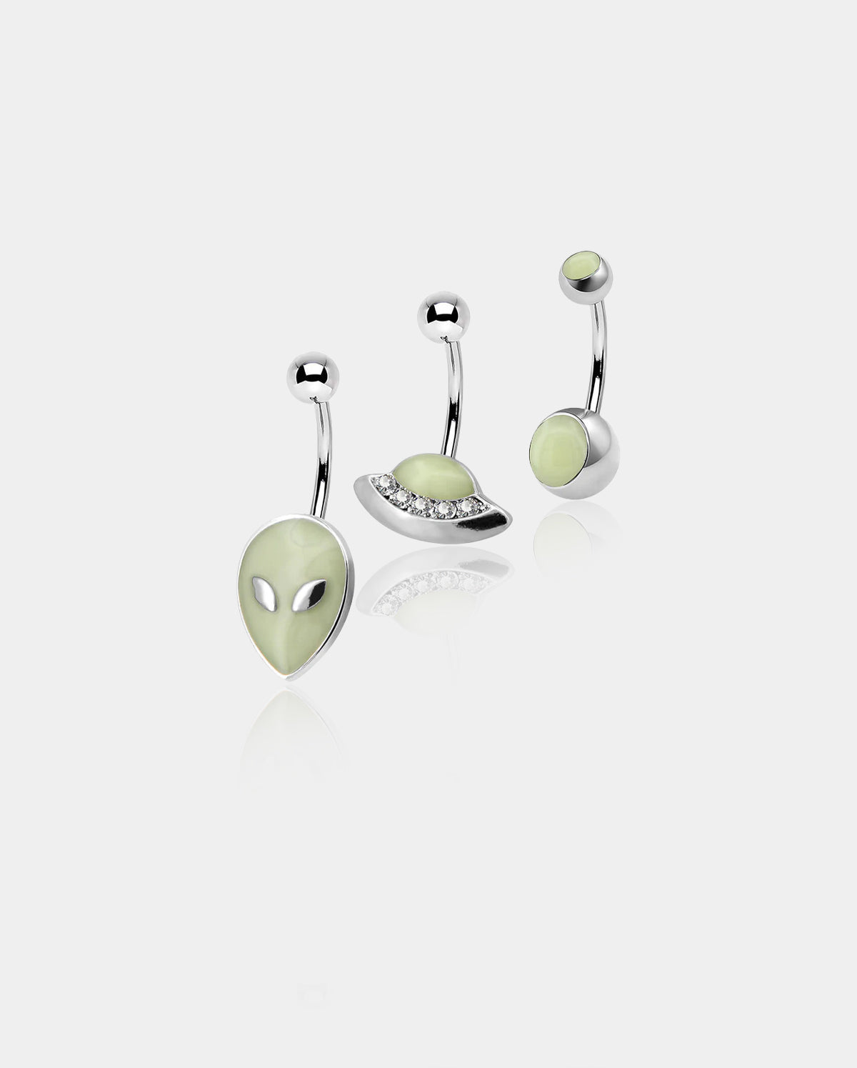 3PCS Stainless Steel Alien Theme Glow in The Dark Belly Rings Pack - OUFER BODY JEWELRY 