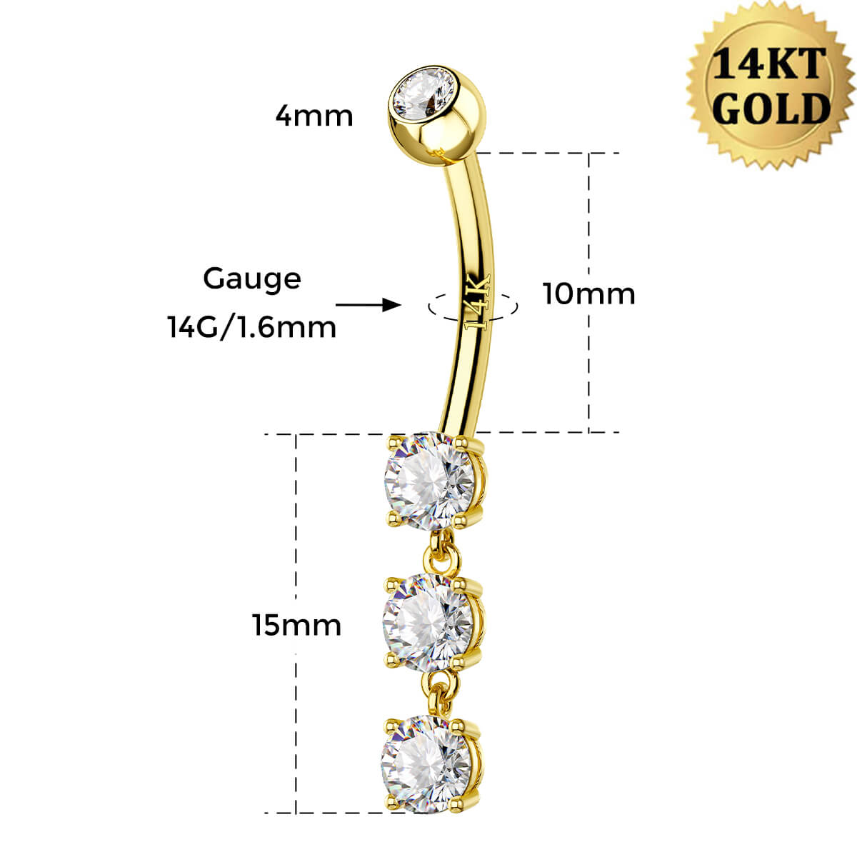 Anneau de nombril rond en or 14 carats avec oxyde de zirconium et anneau de nombril 14 g