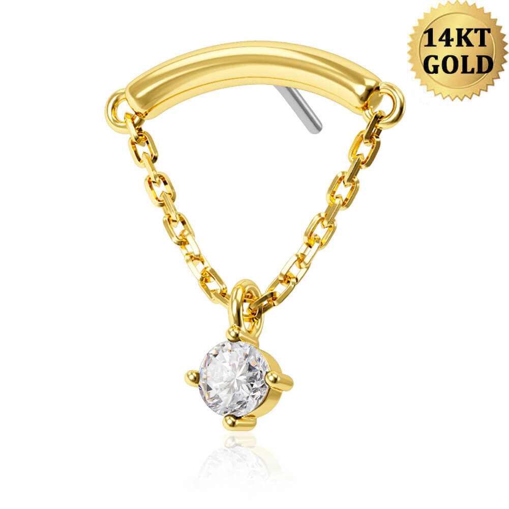 14K Gold Dangle Chain CZ Threadless Earring