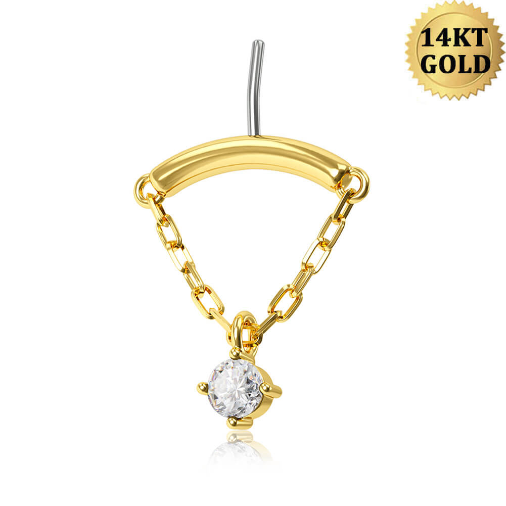 14K Gold Dangle Chain CZ Threadless Earring