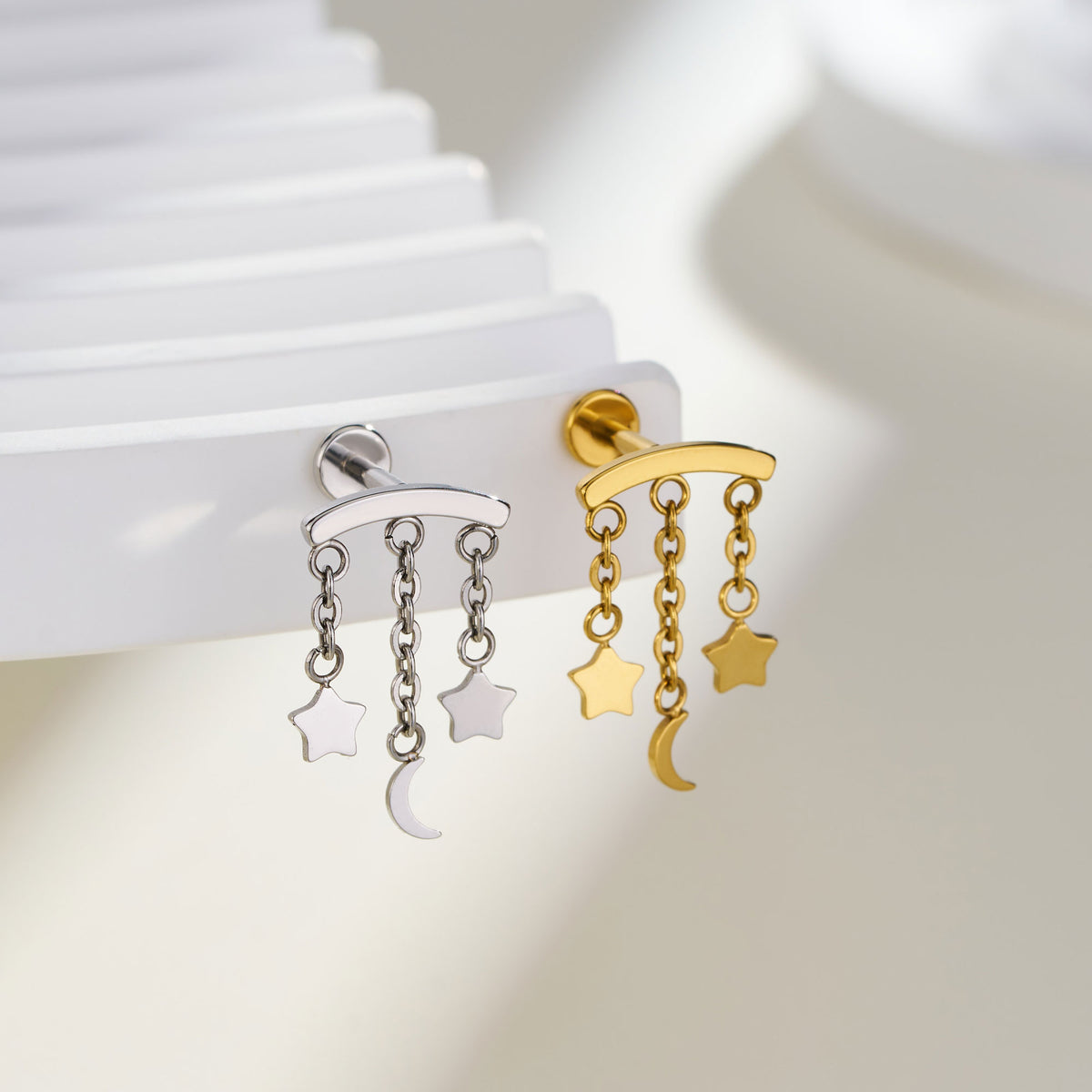 Star & Moon Chain Threadless  Hidden Helix Stud