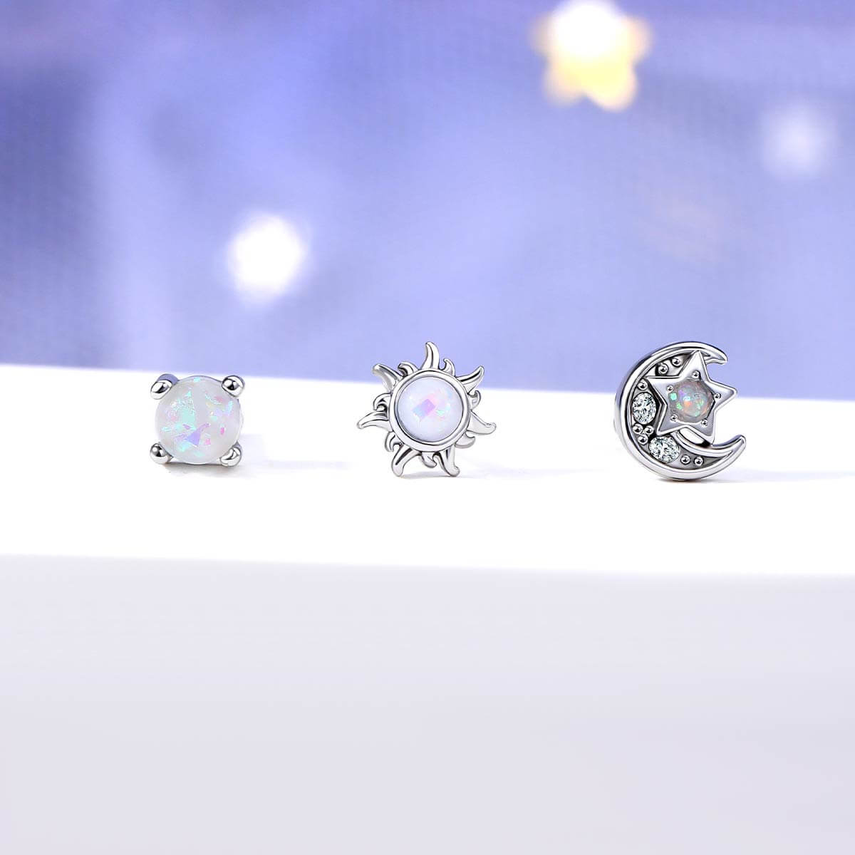 3PCS Synthetic Opal Moon&Star Nose Studs