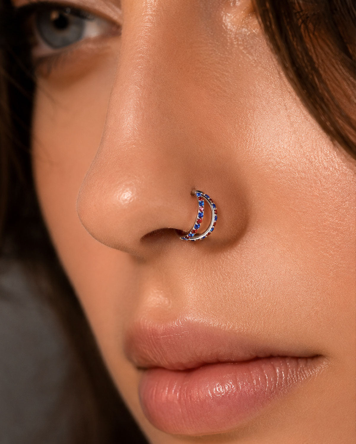 Independence Day-- CZ Double Hoop Segment Nose Ring