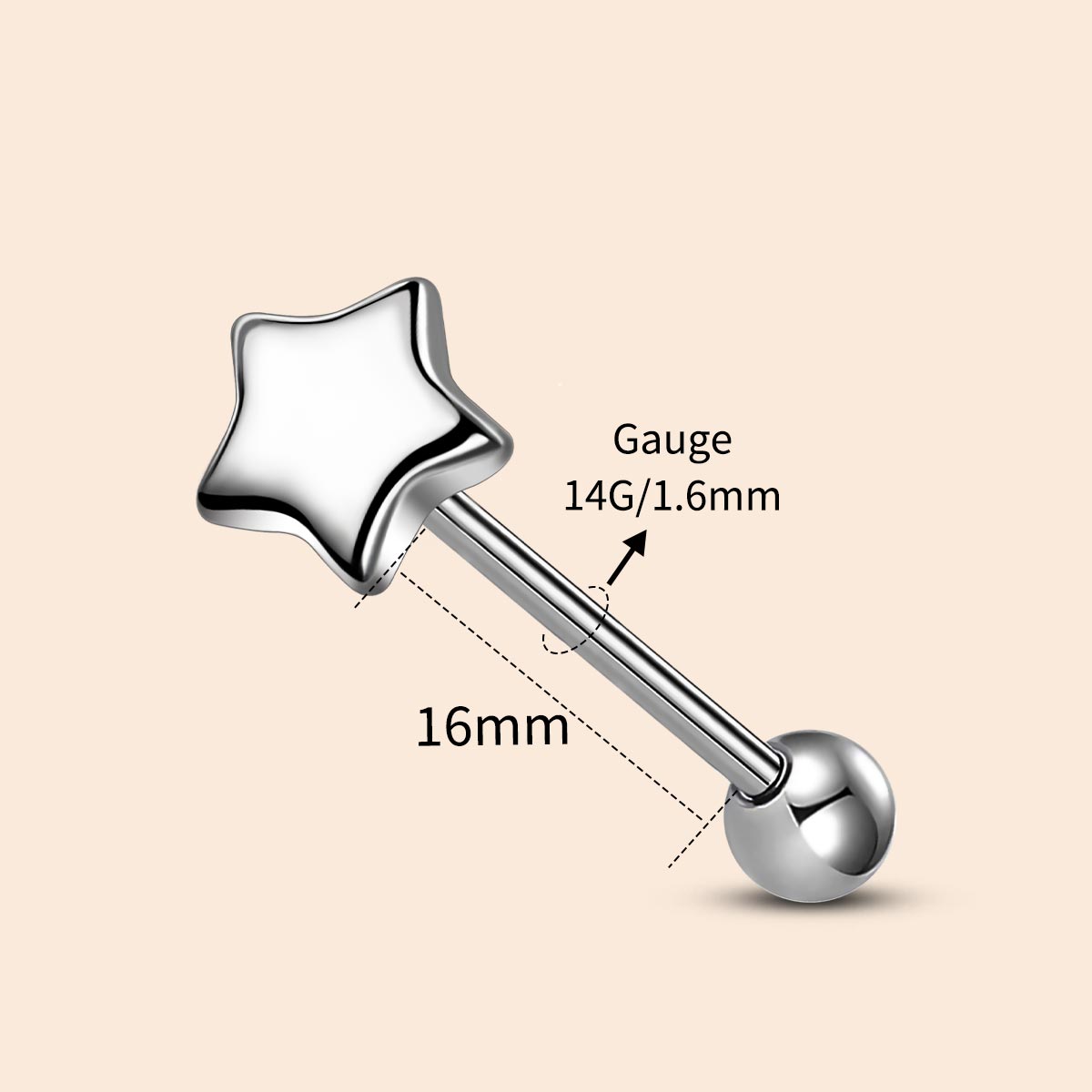 14g 16mm star tongue ring