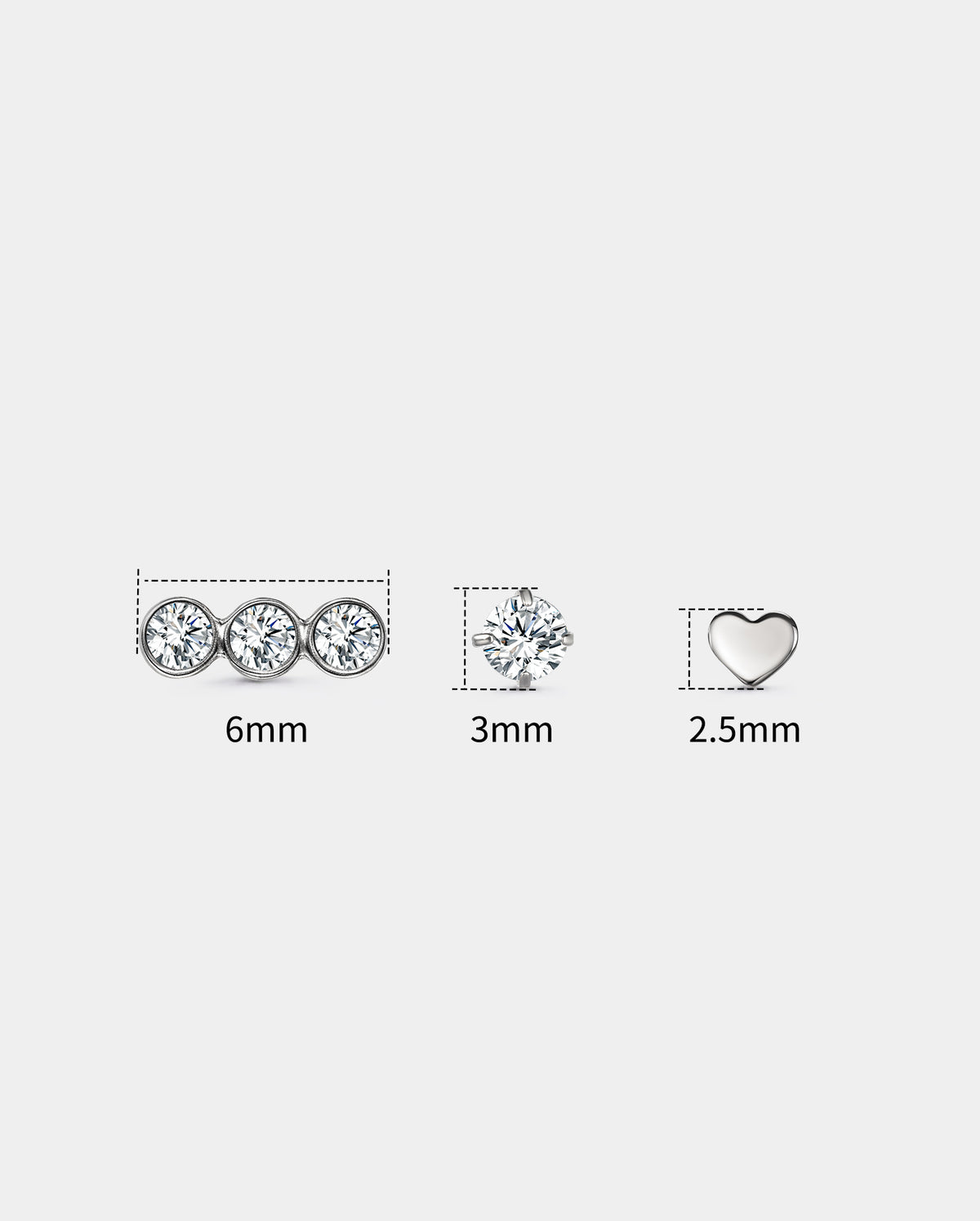 3PCS CZ & Flat Heart Titanium Nose Stud