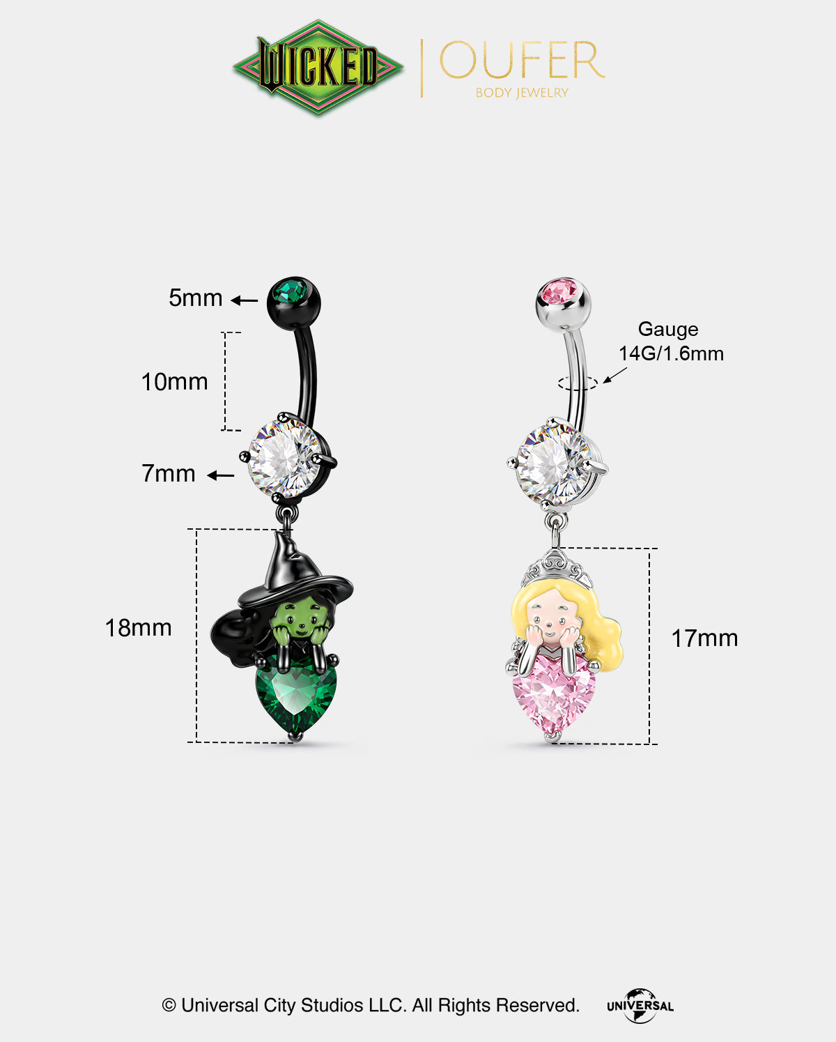 WICKED × OUFER Elphaba & Glinda Heart CZ Dangle Belly Ring
