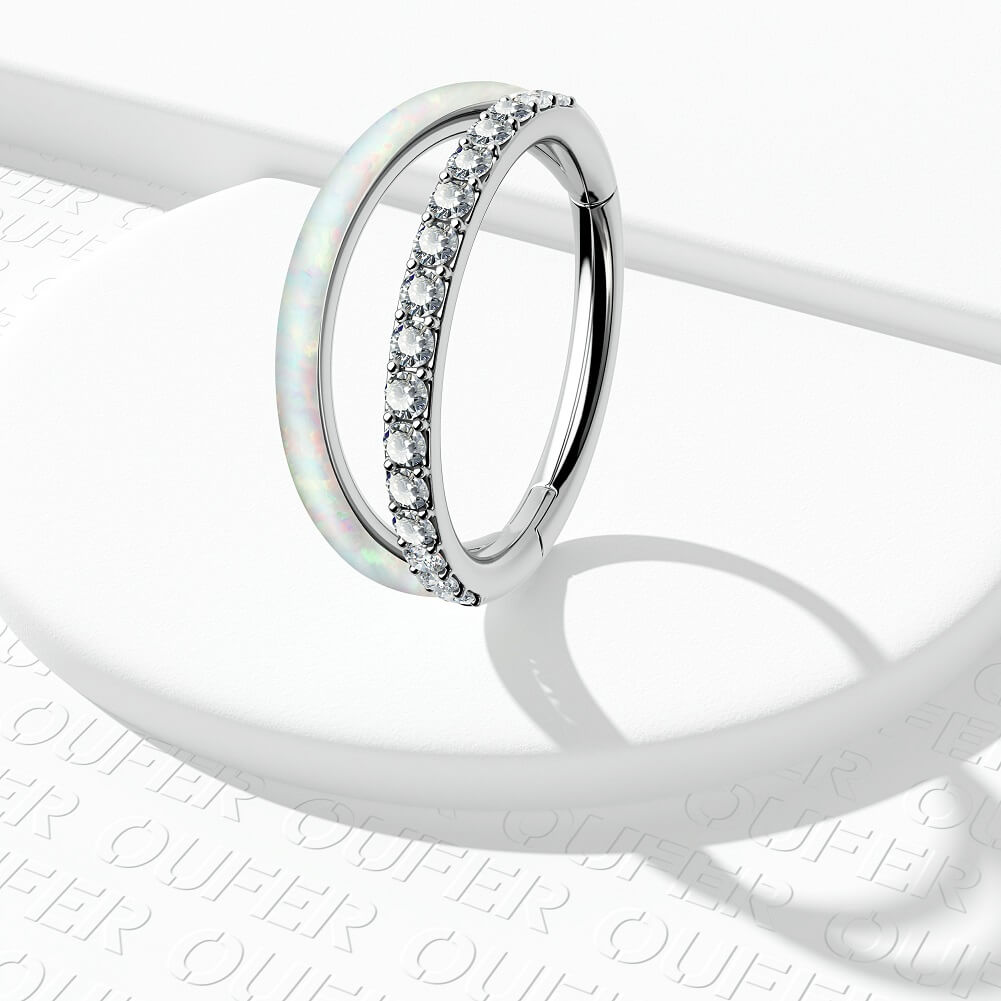 Double Hoop CZ & Synthetic Opal Titanium Helix Ring
